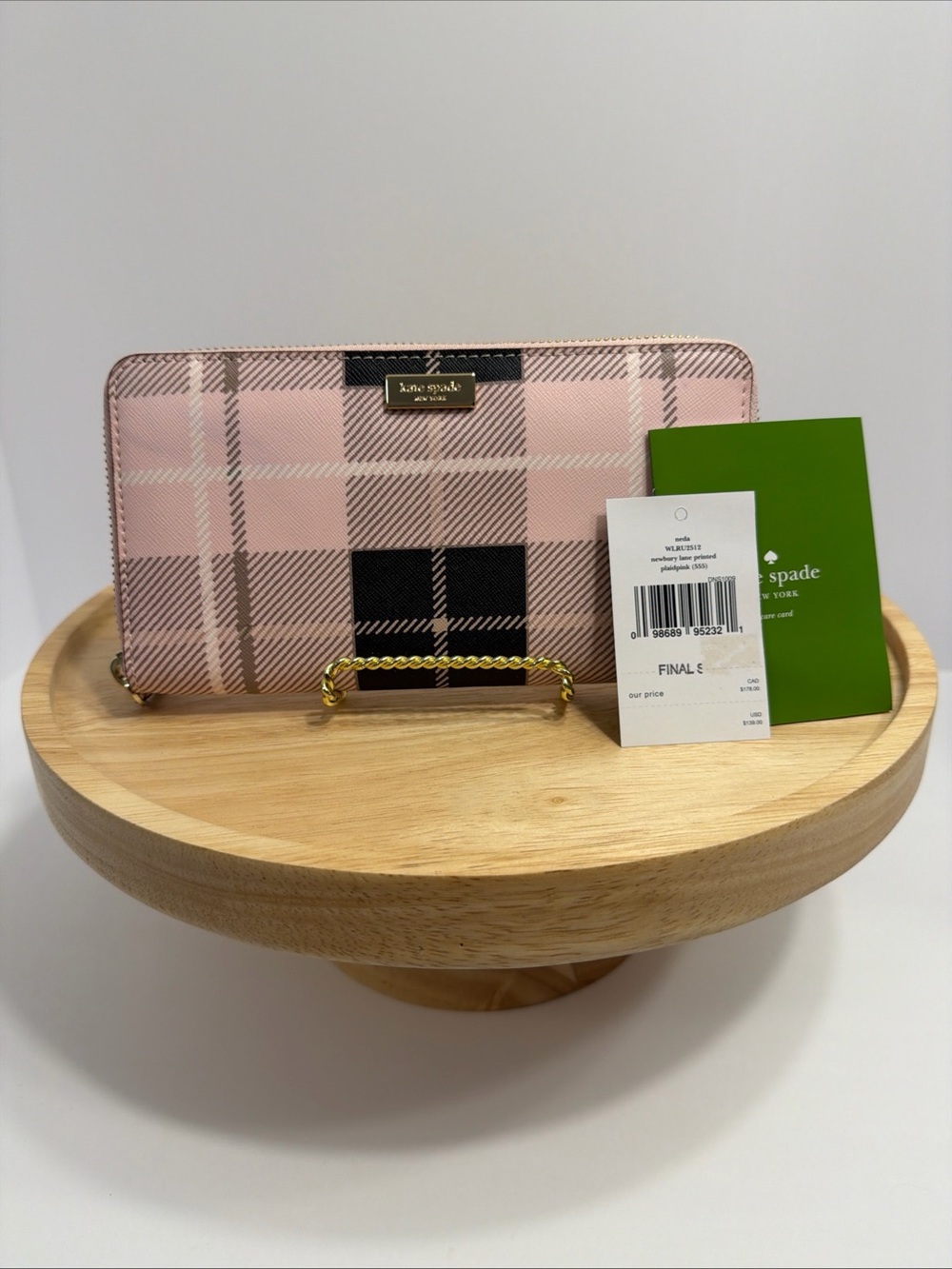 Kate Spade Pink And Black Plaid Crossgrain Leather 7.5 Inch Zip Wallet